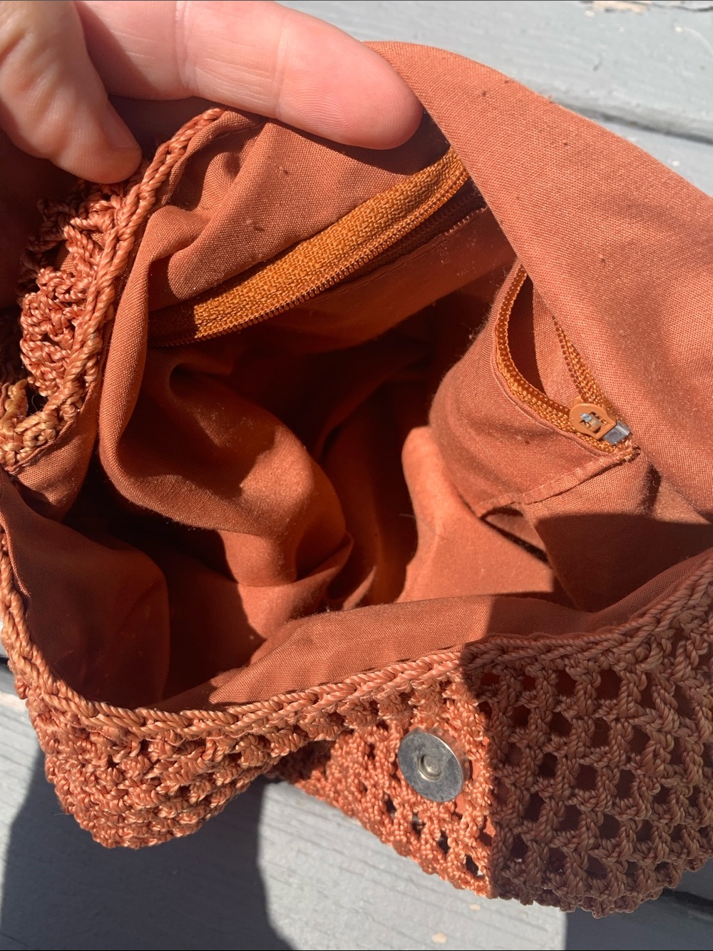 Rust Crochet Shoulder Hobo Bag with Wooden Accent - Picture 5 of 5